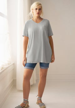 Stretch Knit V-neck Short Sleeve Chest Pocket Tunic
