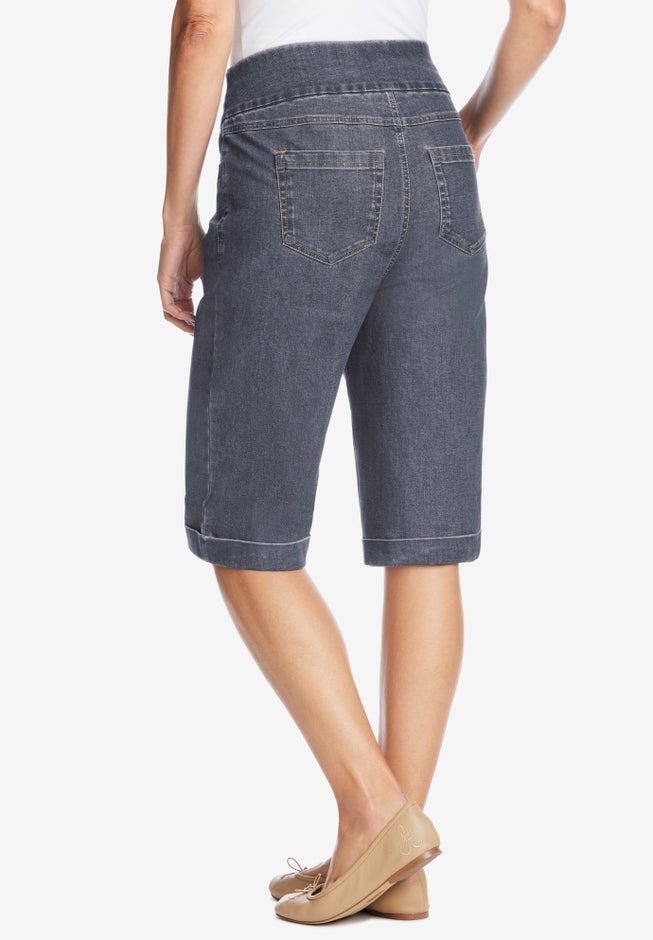 Pull-On Flex-Fit Elastic-Waist Stretch Denim Jeans Shorts image number 1