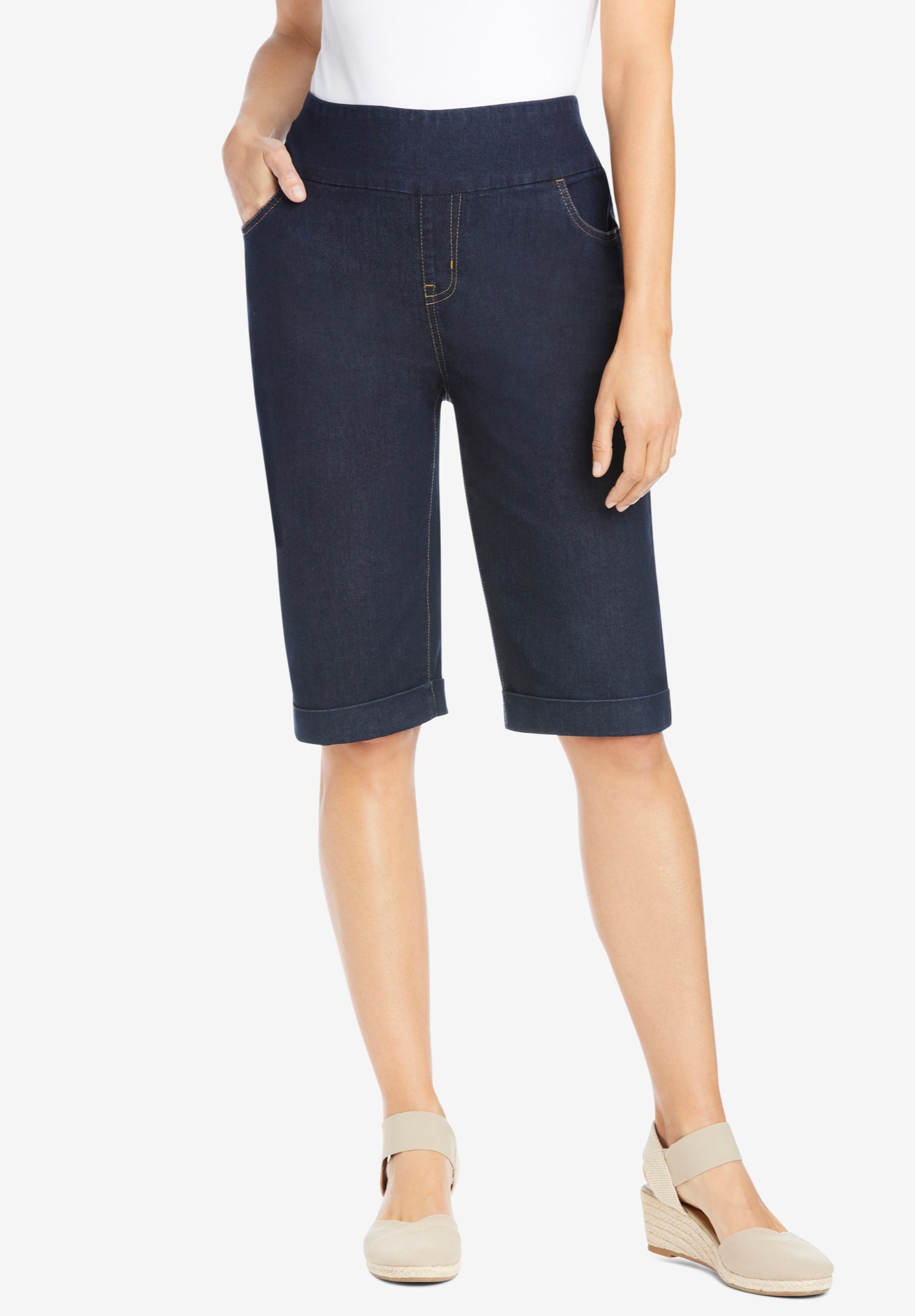 Pull-On Flex-Fit Elastic-Waist Stretch Denim Jeans Shorts image number 0