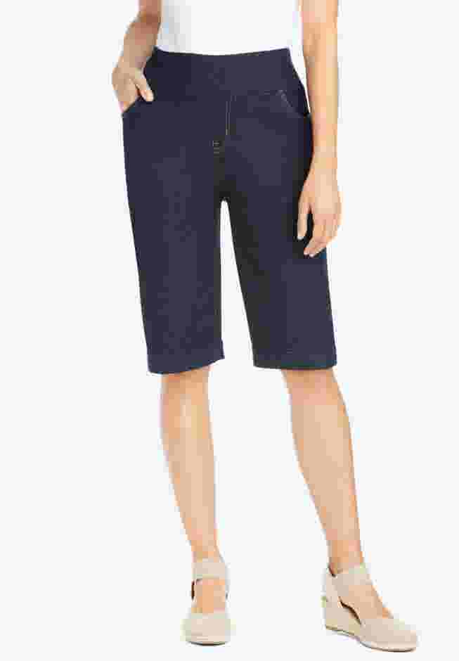 Pull-On Flex-Fit Elastic-Waist Stretch Denim Jeans Shorts image number 0