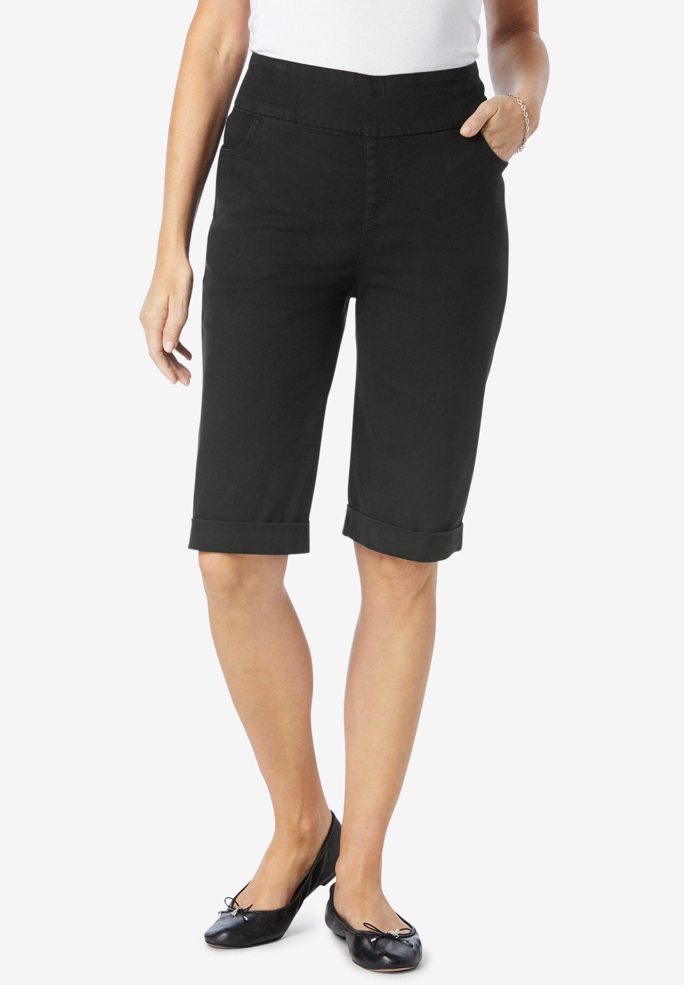 Pull-On Flex-Fit Elastic-Waist Stretch Denim Jeans Shorts image number 0