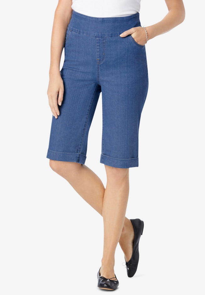 Pull-On Flex-Fit Elastic-Waist Stretch Denim Jeans Shorts image number 0