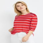 Cotton Spandex Boat Neck 3/4 Sleeve Button Trim Tee image number null
