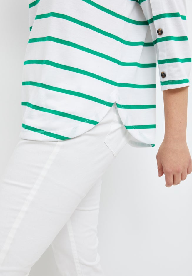 Cotton Spandex Boat Neck 3/4 Sleeve Button Trim Tee image number 3