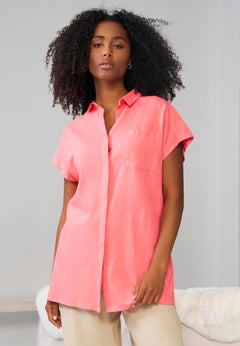 Linen-Blend Button-Front Short Sleeve Collared Tunic