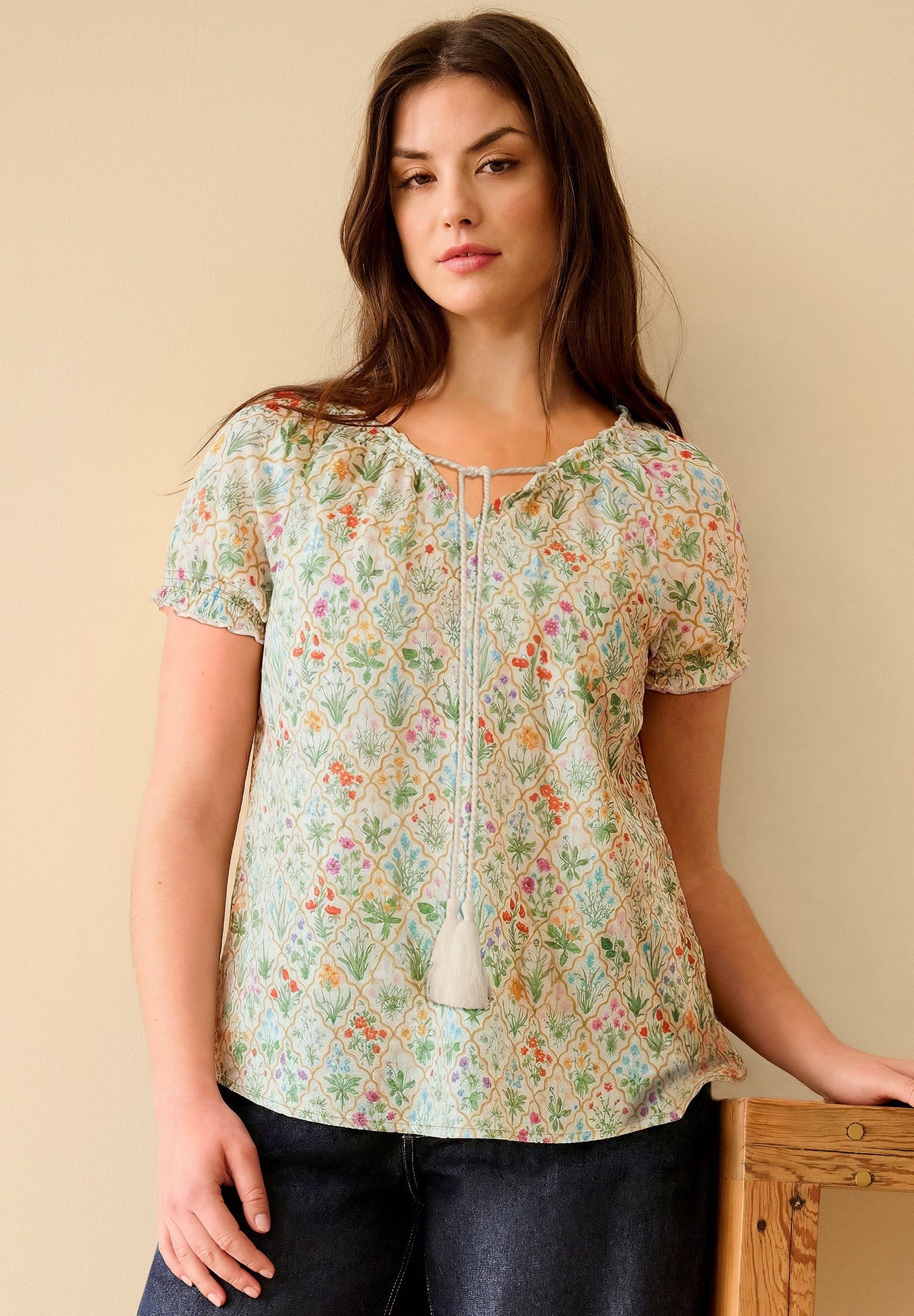 A-Line Scoop Neck Ruffle Trim 100% Cotton Cambric Peasant Blouse image number 0