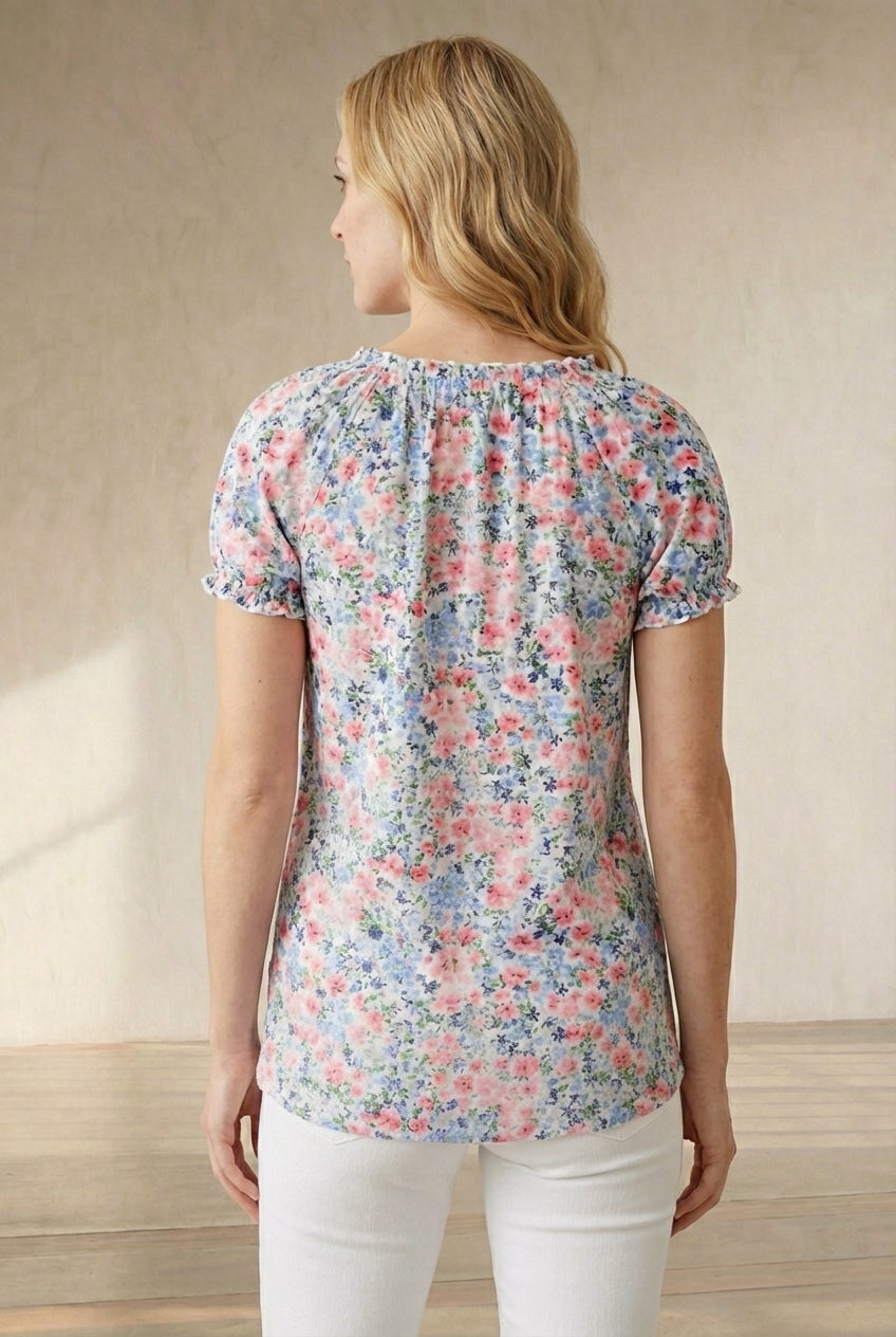 A-Line Scoop Neck Ruffle Trim 100% Cotton Cambric Peasant Blouse image number 1