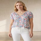 A-Line Scoop Neck Ruffle Trim 100% Cotton Cambric Peasant Blouse image number null