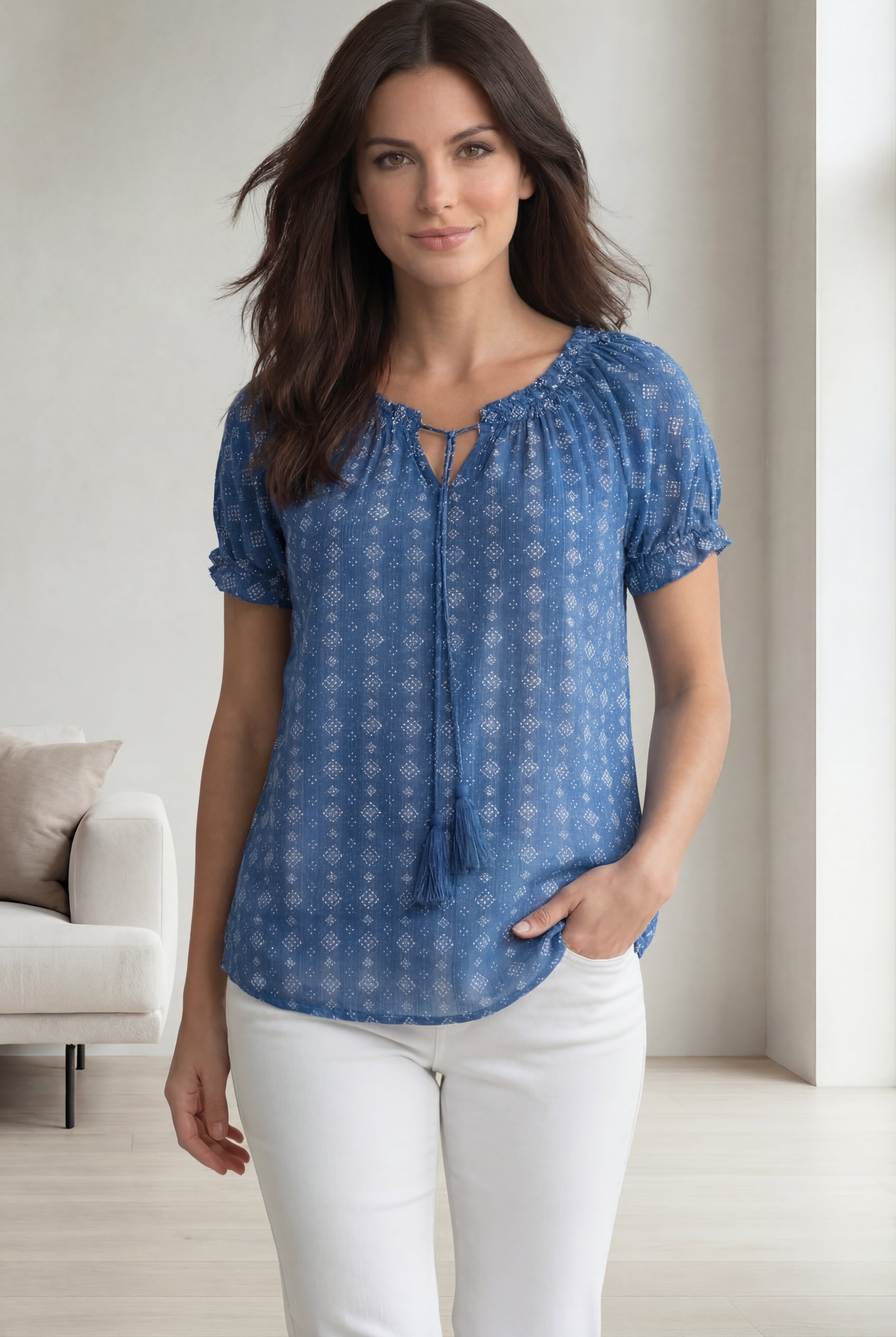 A-Line Scoop Neck Ruffle Trim 100% Cotton Cambric Peasant Blouse image number 0