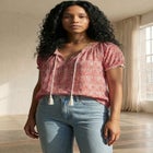 A-Line Scoop Neck Ruffle Trim 100% Cotton Cambric Peasant Blouse image number null