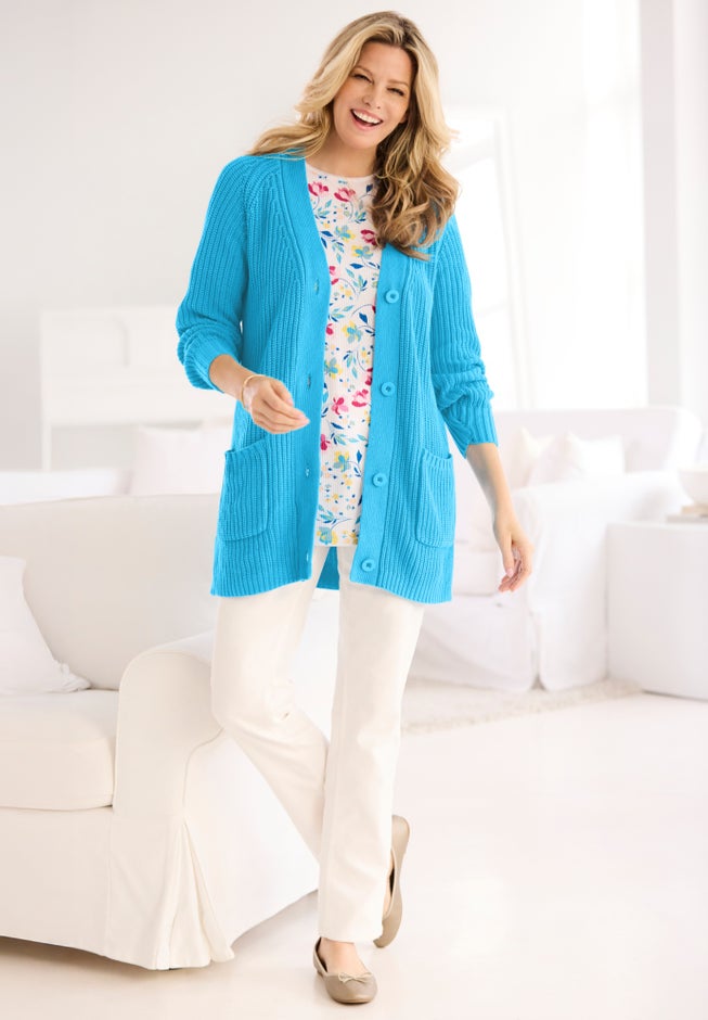 Button-Front Shaker Cardigan Sweater image number 1