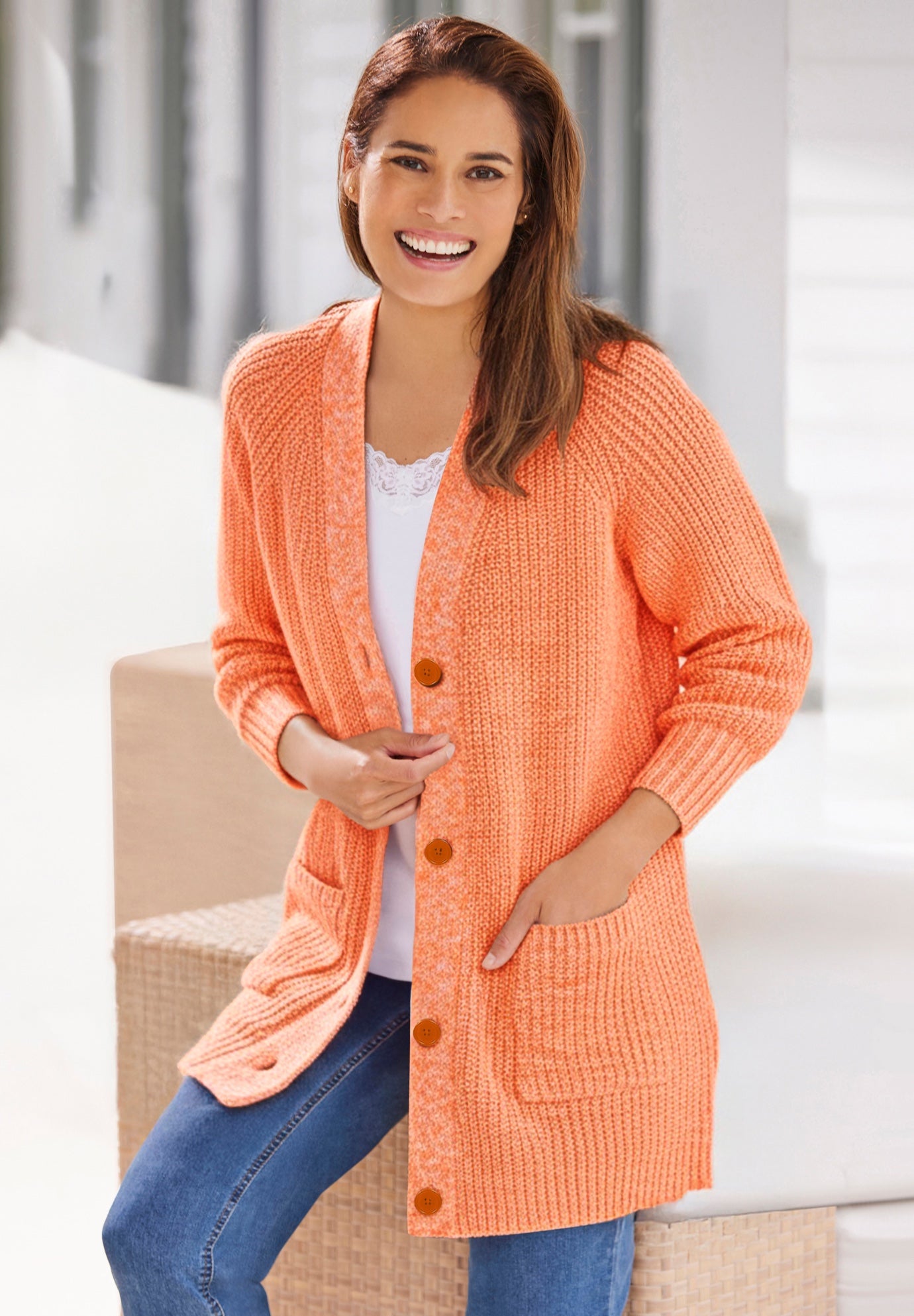 Button-Front Shaker Cardigan Sweater image number 0