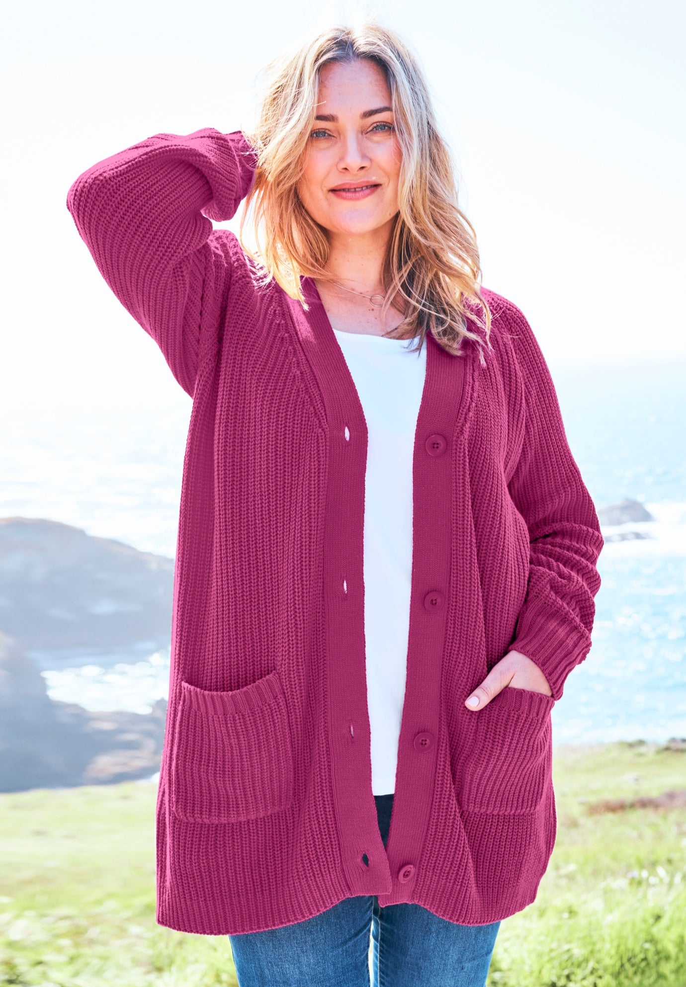 Button-Front Shaker Cardigan Sweater image number 0