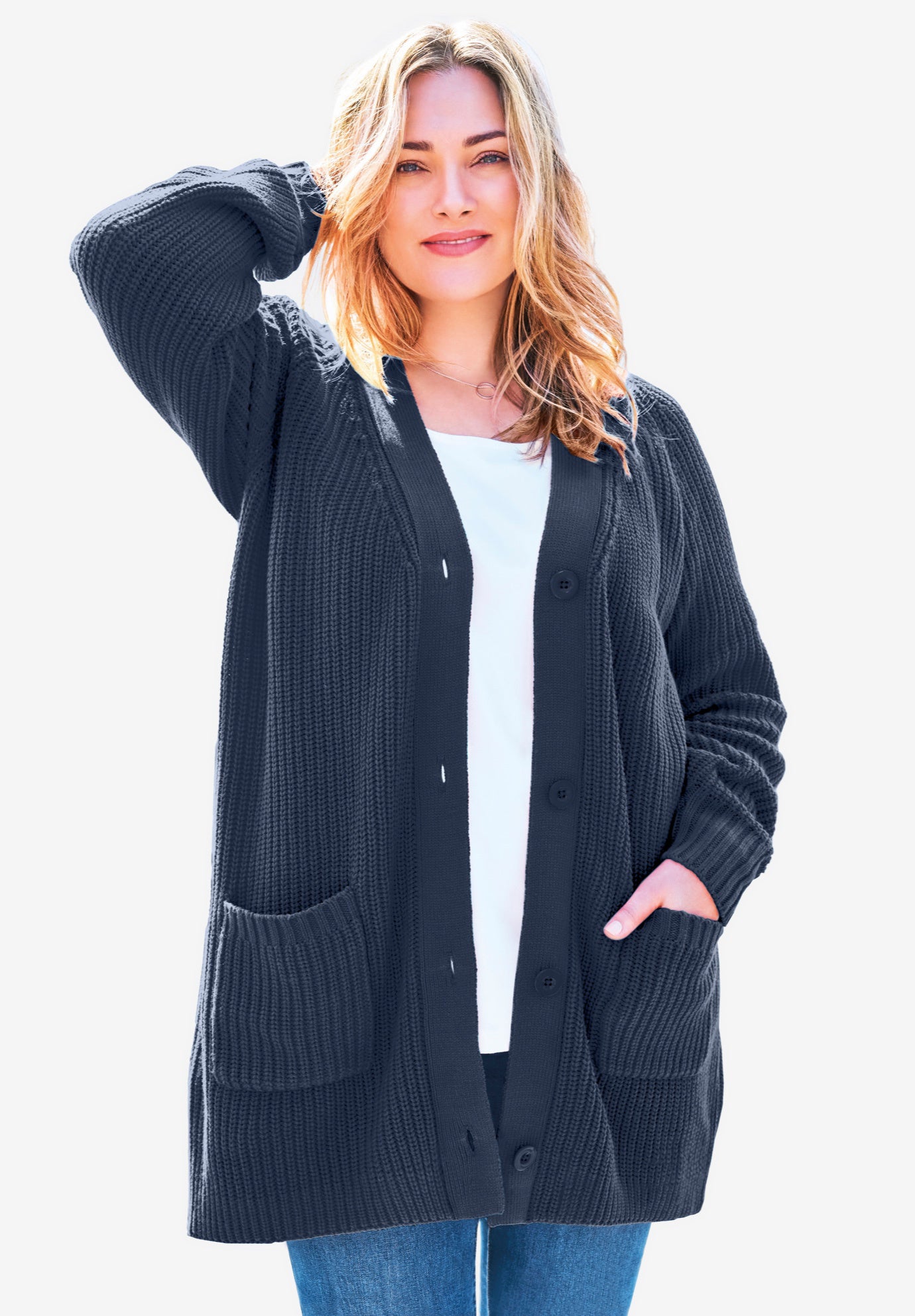 Button-Front Shaker Cardigan Sweater image number 1