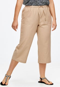 Linen-Blend Drawstring Elastic Waist Relaxed Fit Capris