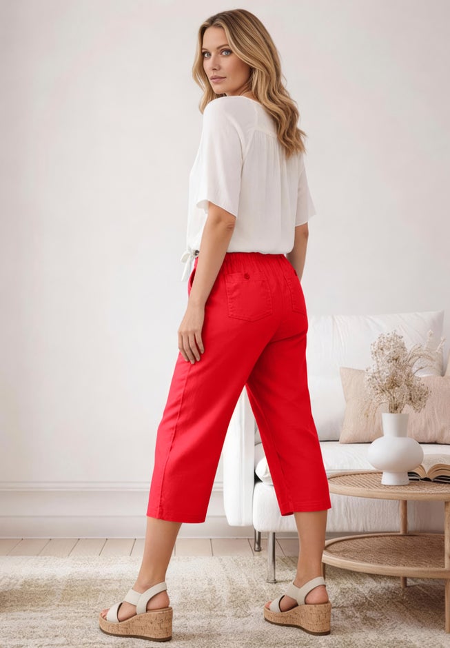 Linen-Blend Drawstring Elastic Waist Relaxed Fit Capris image number 1