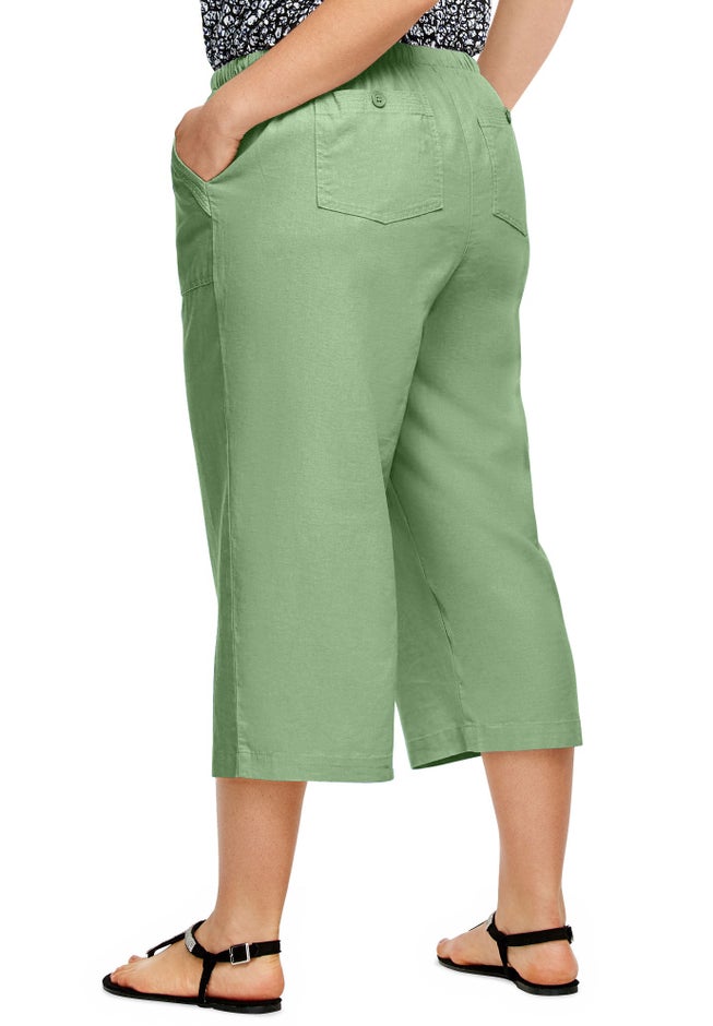 Linen-Blend Drawstring Elastic Waist Relaxed Fit Capris image number 1