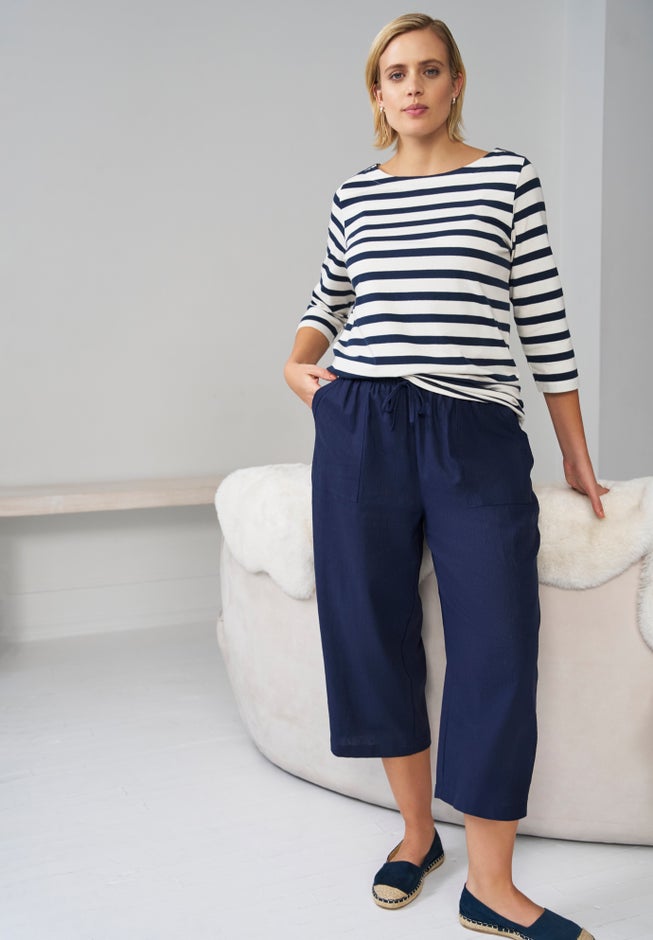 Linen-Blend Drawstring Elastic Waist Relaxed Fit Capris image number 1