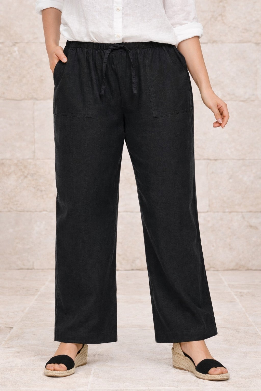 Linen-Blend Drawstring Elastic Waist Pants image number 0