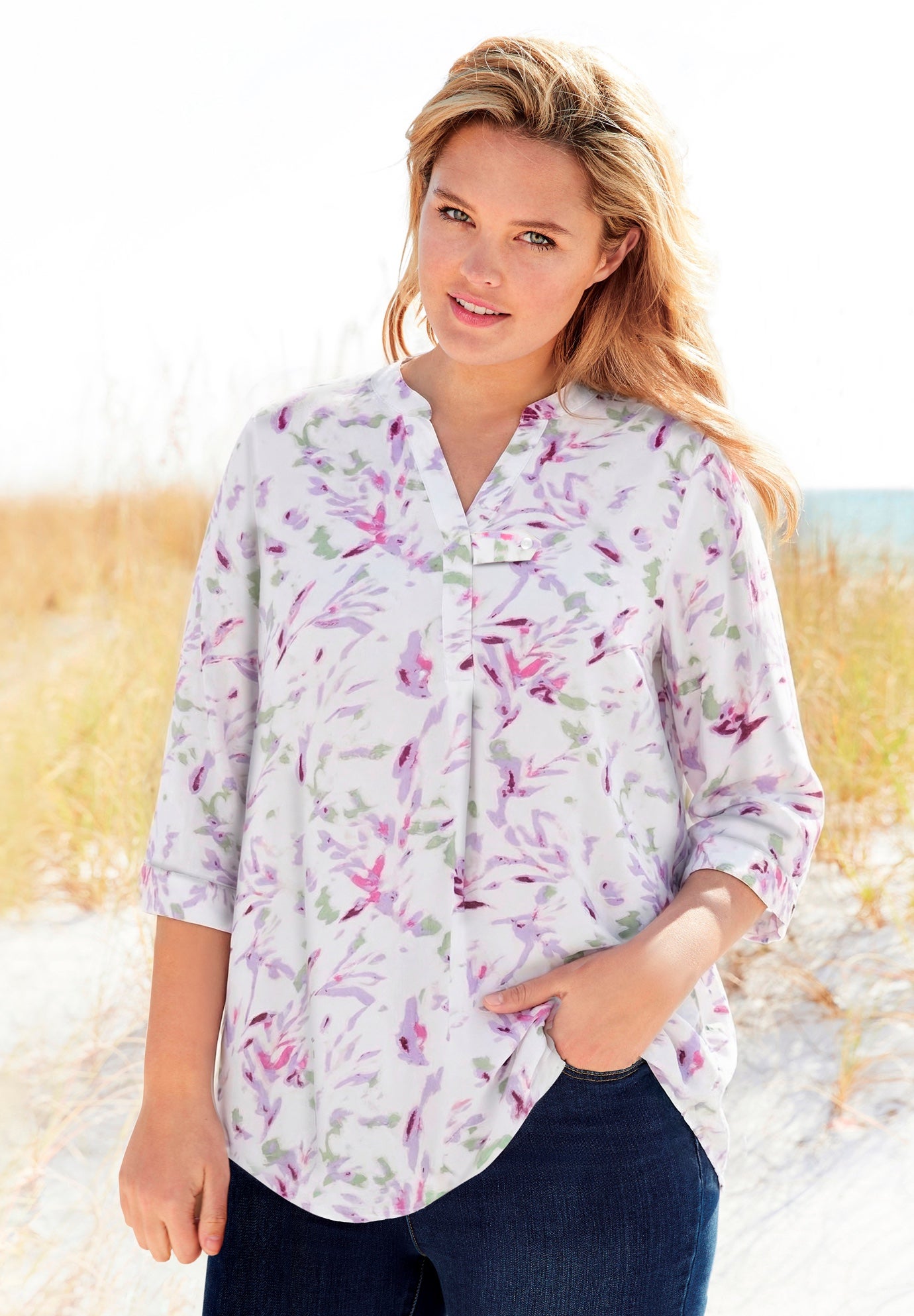 Rayon Three-Quarter Sleeve Effortless Tab-front Blouse image number 0