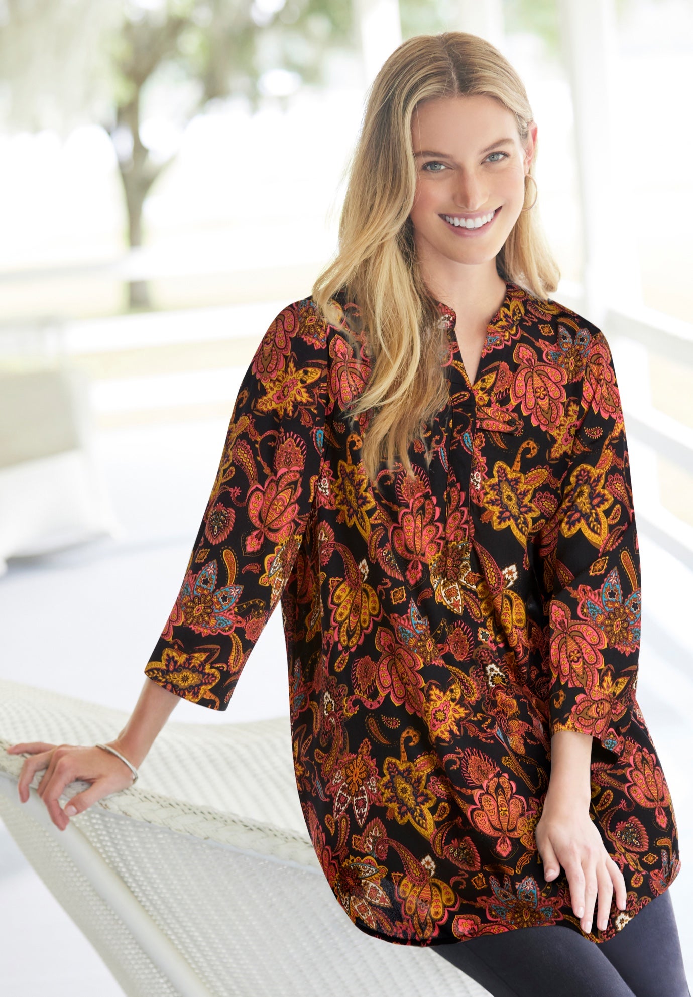 Rayon 7-Day Three-Quarter Sleeve Tab-Front Tunic image number 1