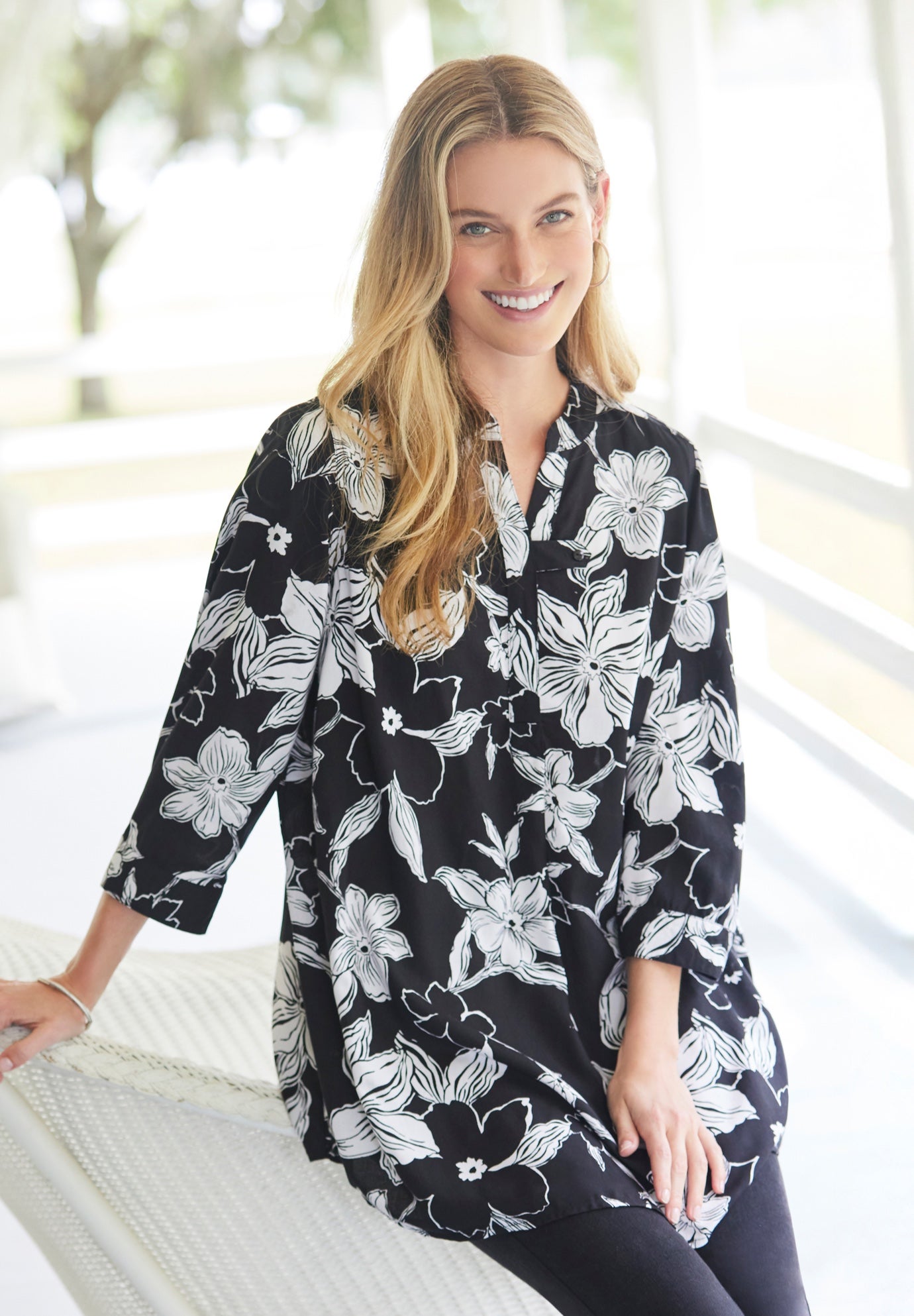 Rayon Three-Quarter Sleeve Effortless Tab-front Blouse image number 0