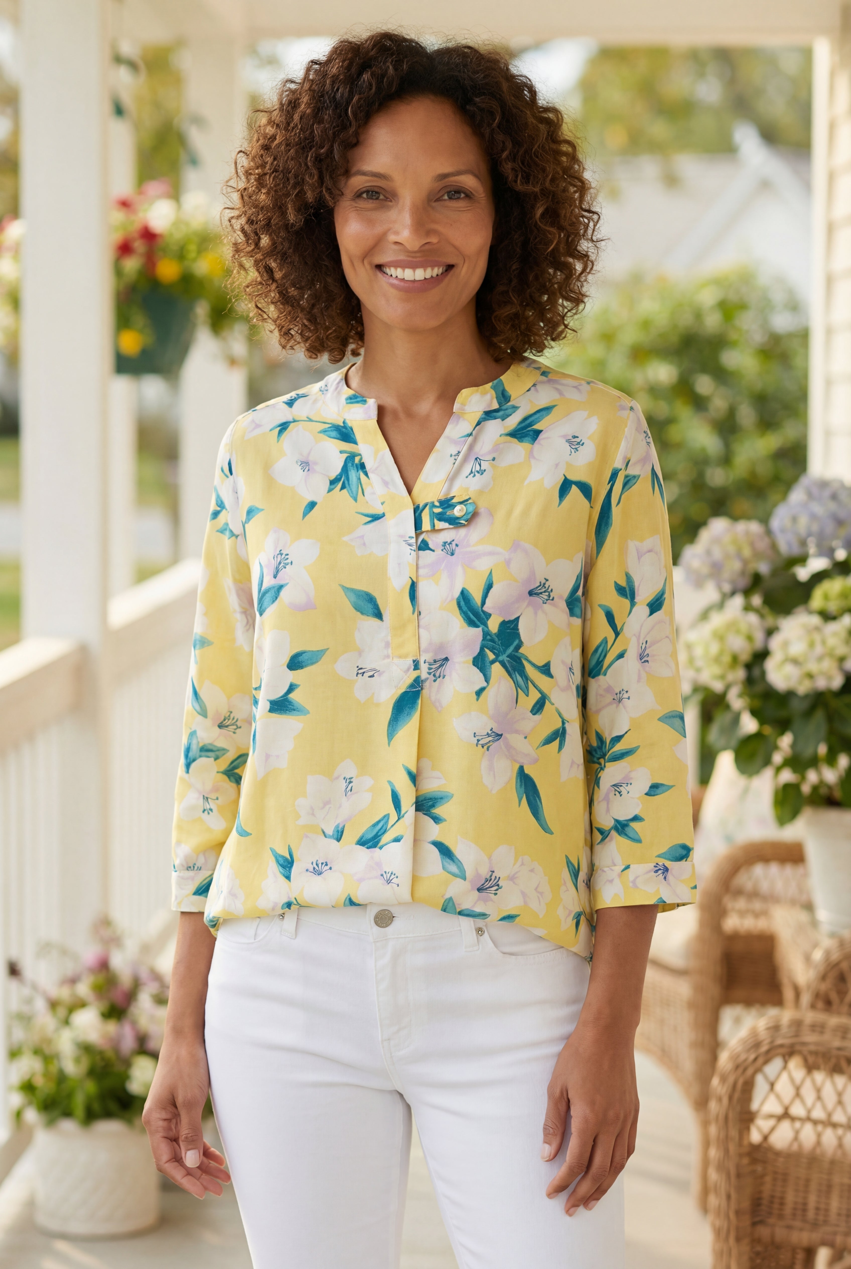 Rayon Three-Quarter Sleeve Effortless Tab-front Blouse image number 0