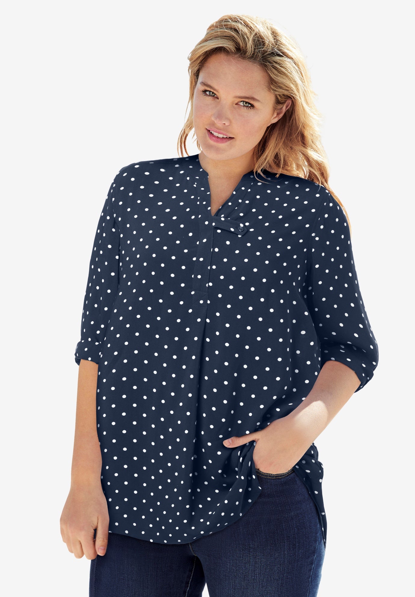 Rayon 7-Day Three-Quarter Sleeve Tab-Front Tunic image number 0