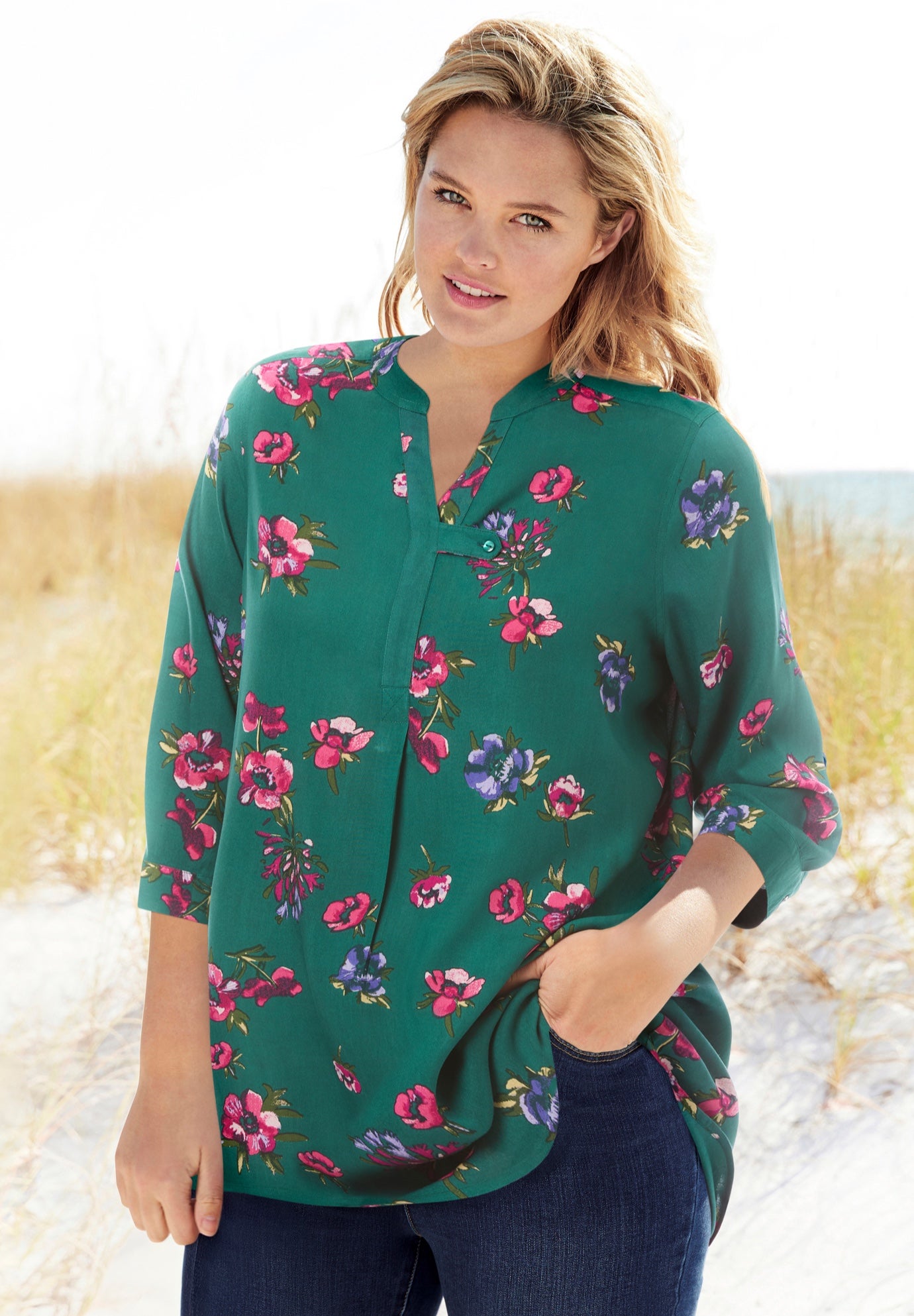 Rayon Three-Quarter Sleeve Effortless Tab-front Blouse image number 0