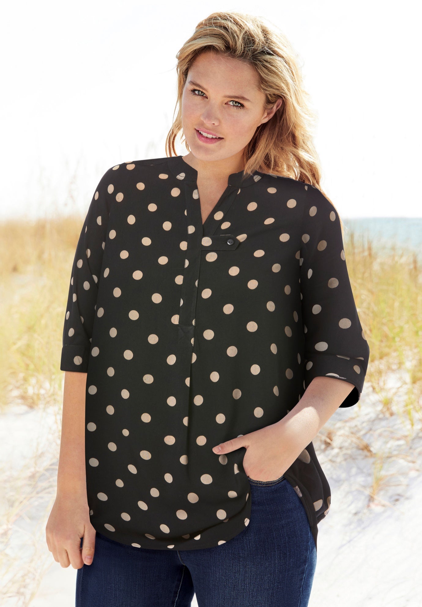 Rayon 7-Day Three-Quarter Sleeve Tab-Front Tunic image number 0