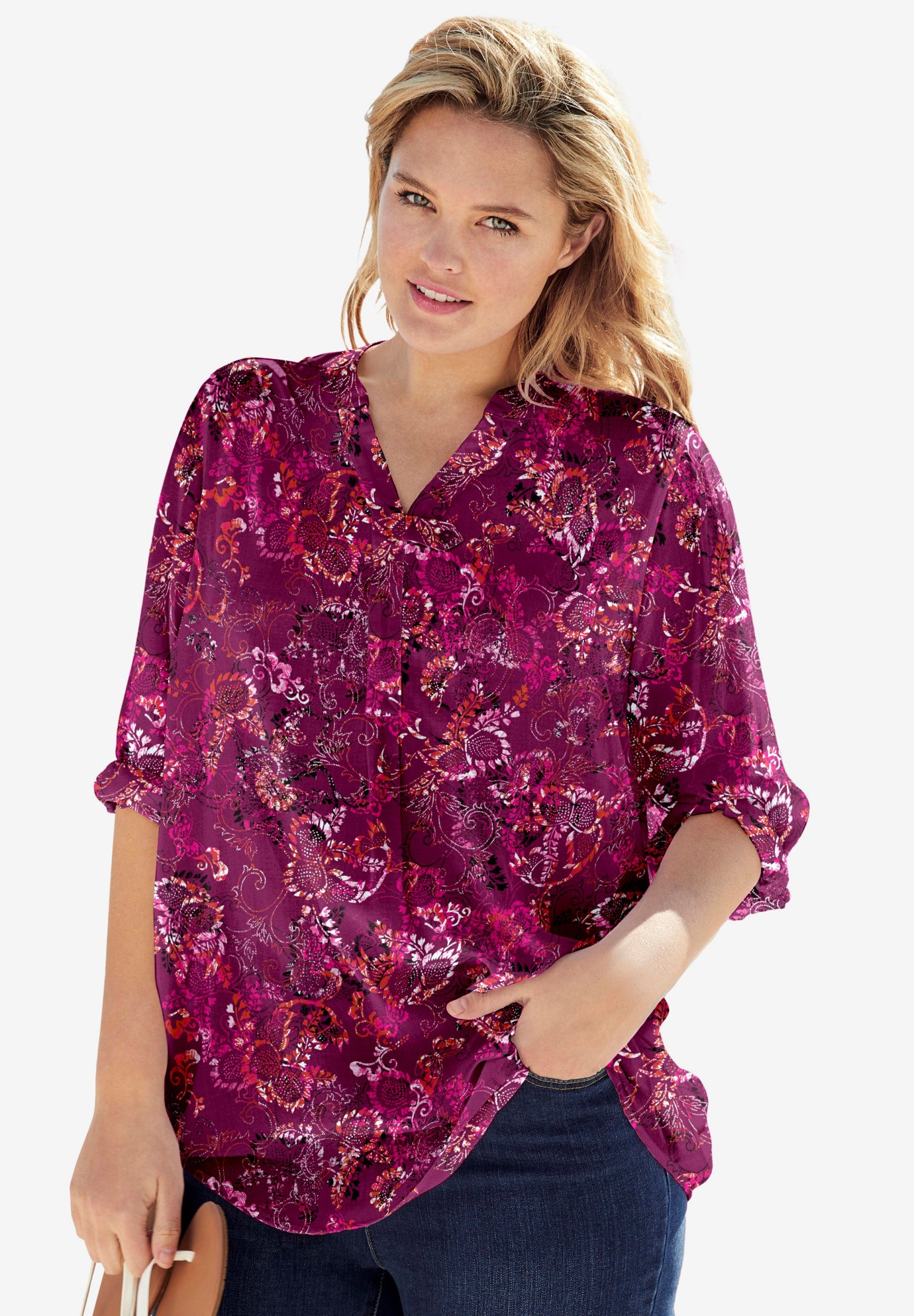 Rayon 7-Day Three-Quarter Sleeve Tab-Front Tunic image number 0