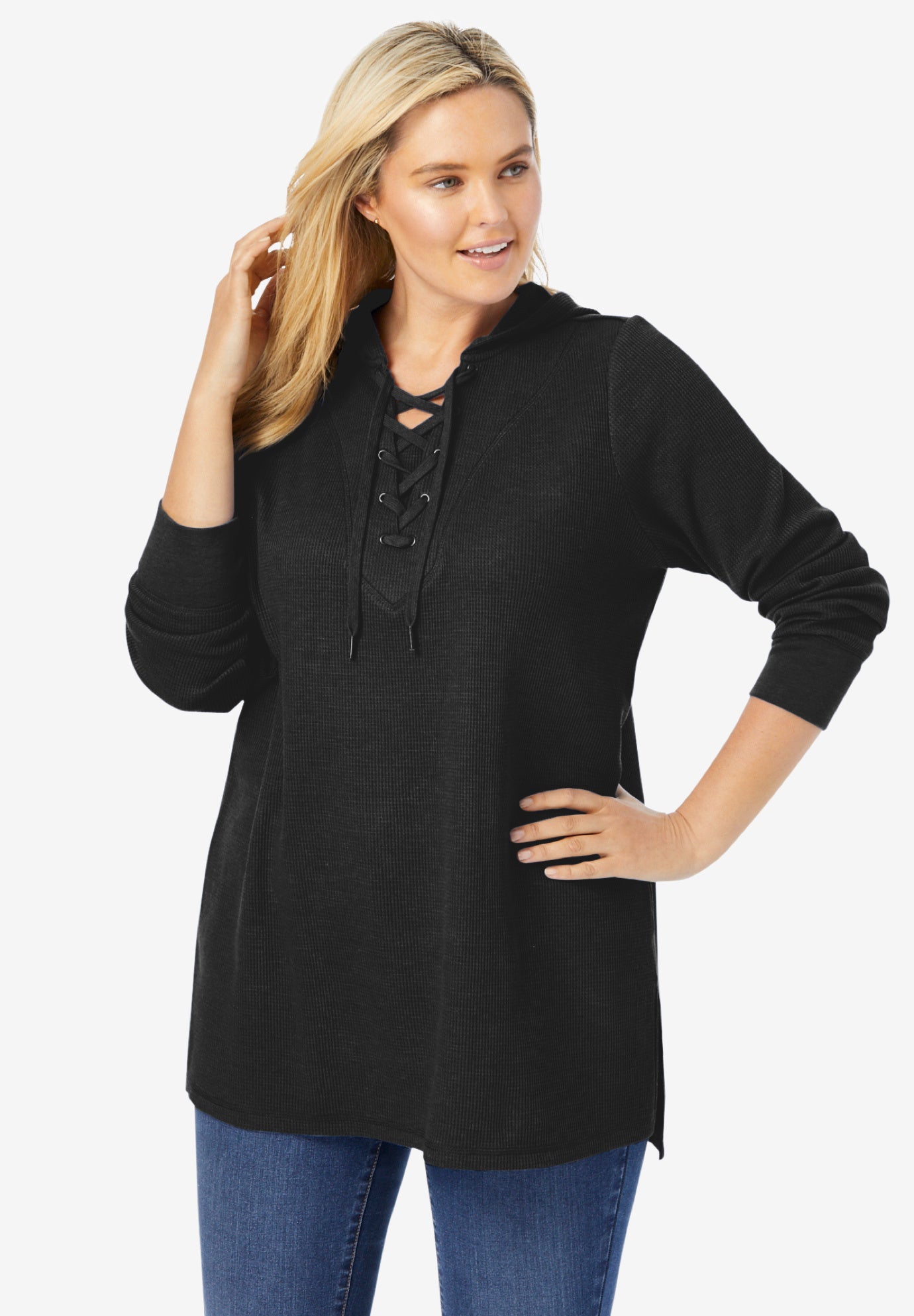 Waffle-Thermal Lace-Up Hoodie image number 0