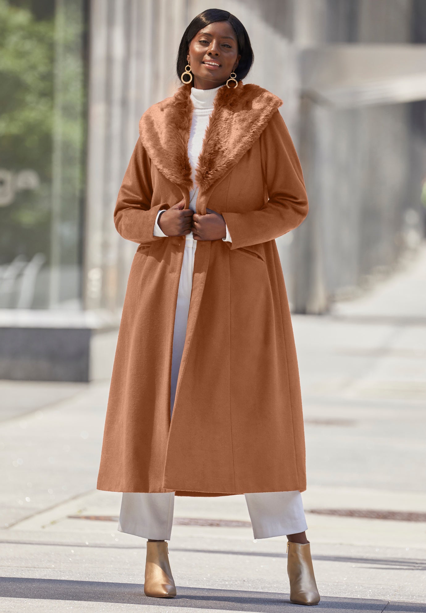 Long Wool-Blend Coat with Faux Fur Collar image number 0