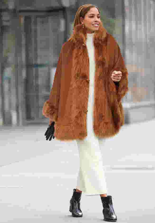 Faux Fur Trim Wool Cape image number 1