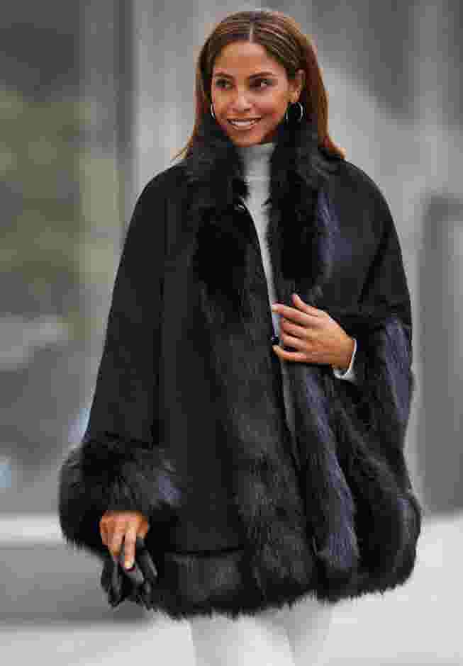 Faux Fur Trim Wool Cape image number 1