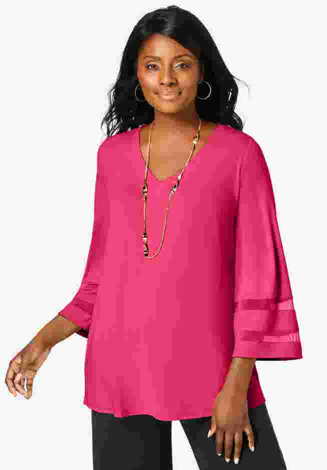 Stretch Knit Mesh Inset Sleeve Tunic image number 0