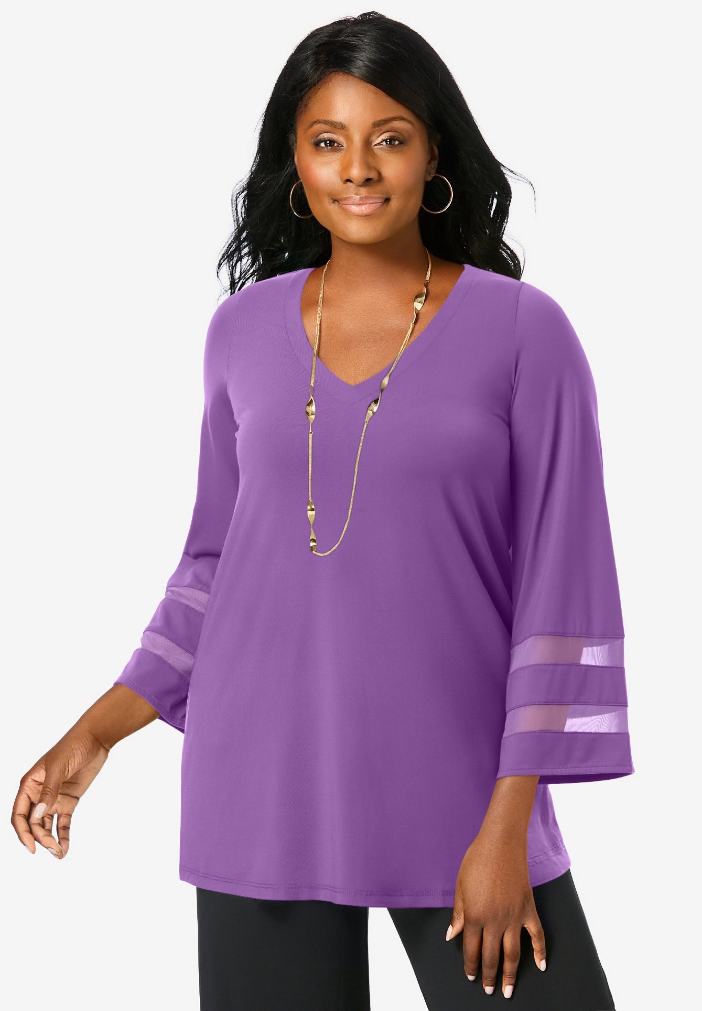 Stretch Knit Mesh Inset Sleeve Tunic image number 0