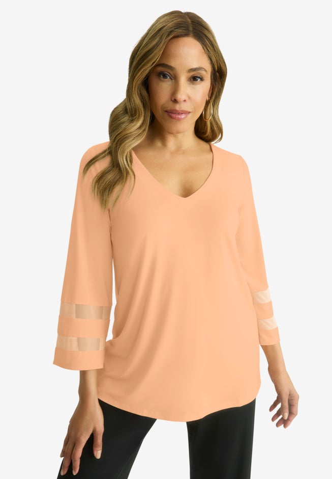 Stretch Knit Mesh Inset Sleeve Tunic image number 0