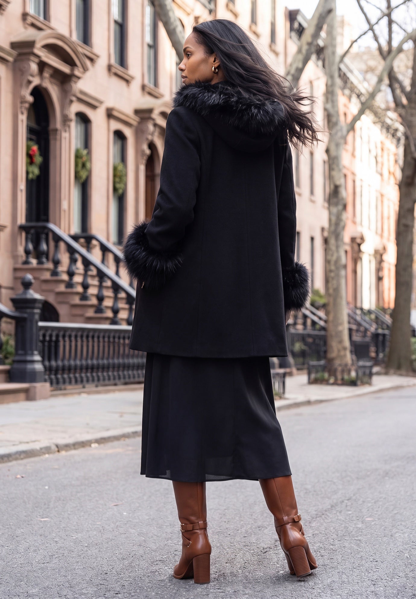 Hooded Faux Fur Trim Coat image number 2