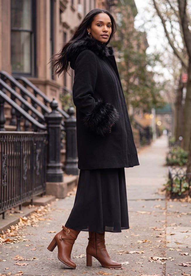 Hooded Faux Fur Trim Coat image number 1
