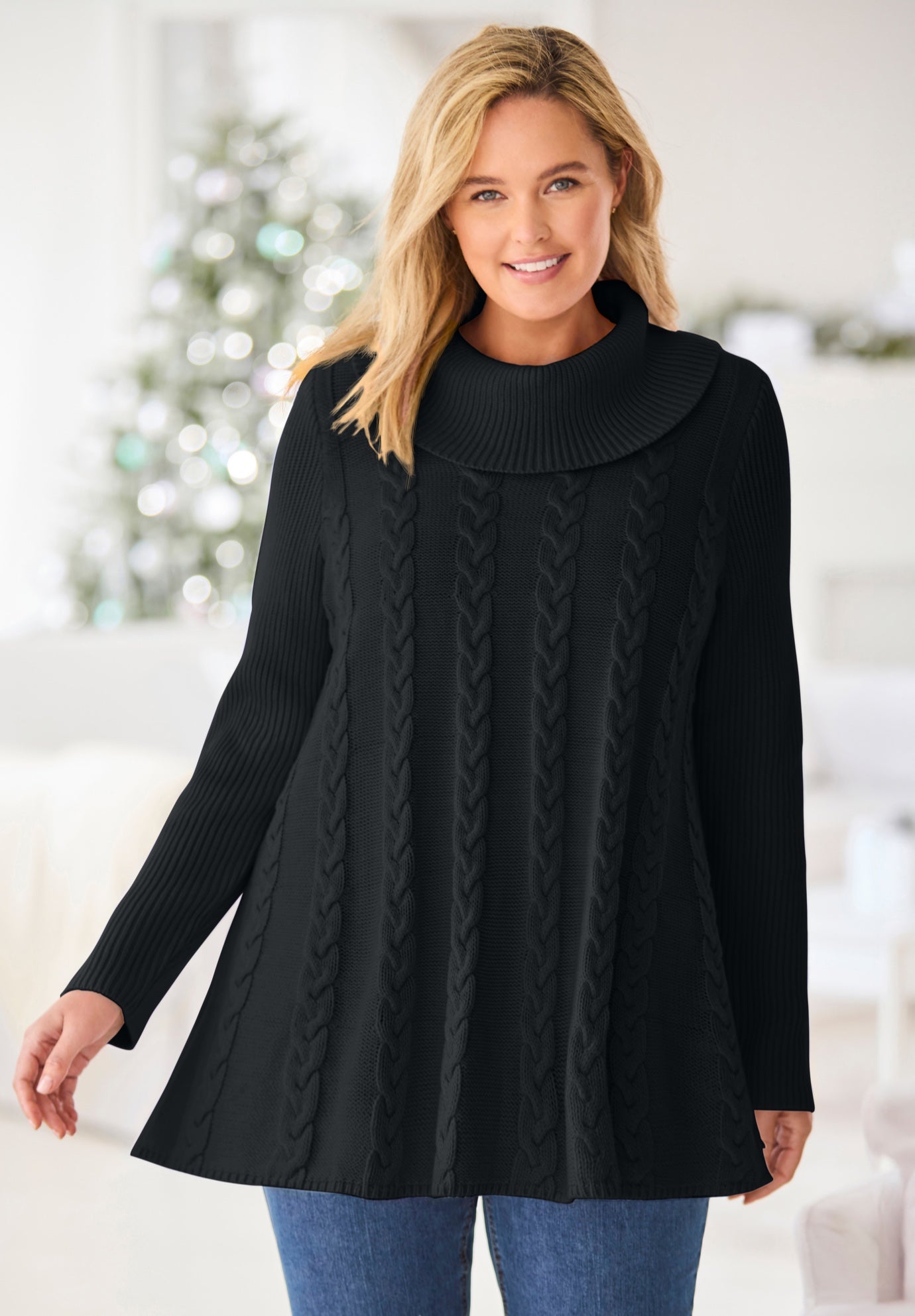 Cowl Neck Cable Knit Swing Sweater image number 0