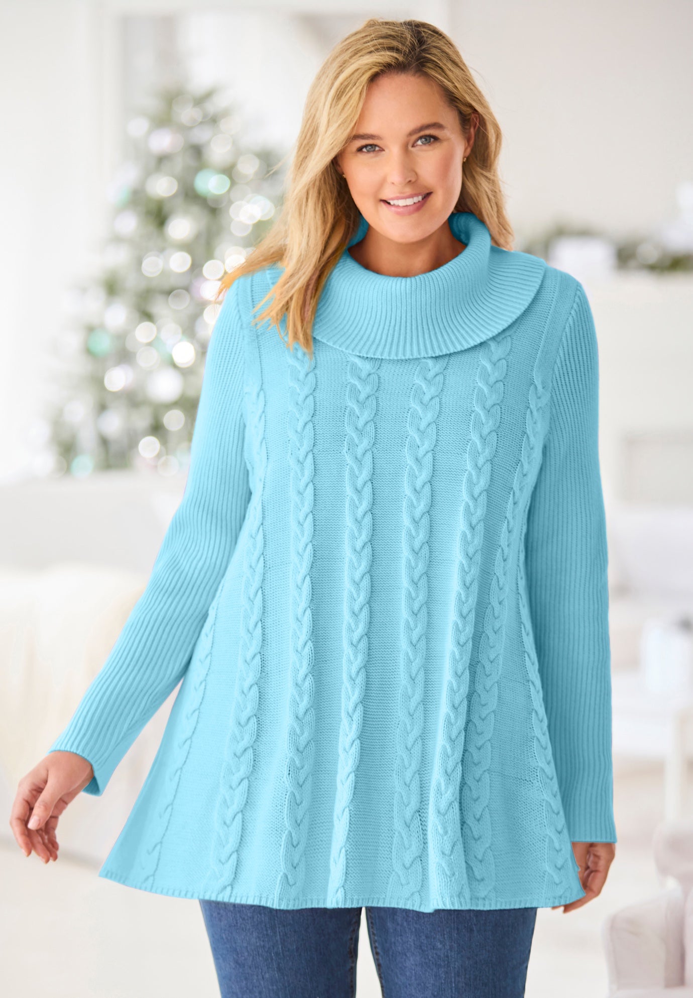 Cowl Neck Cable Knit Swing Sweater image number 0