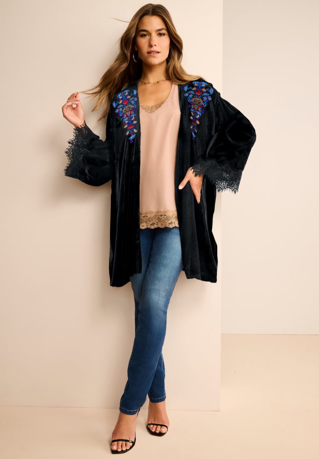 Plus Size Velour Embroidered Kimono image number 0