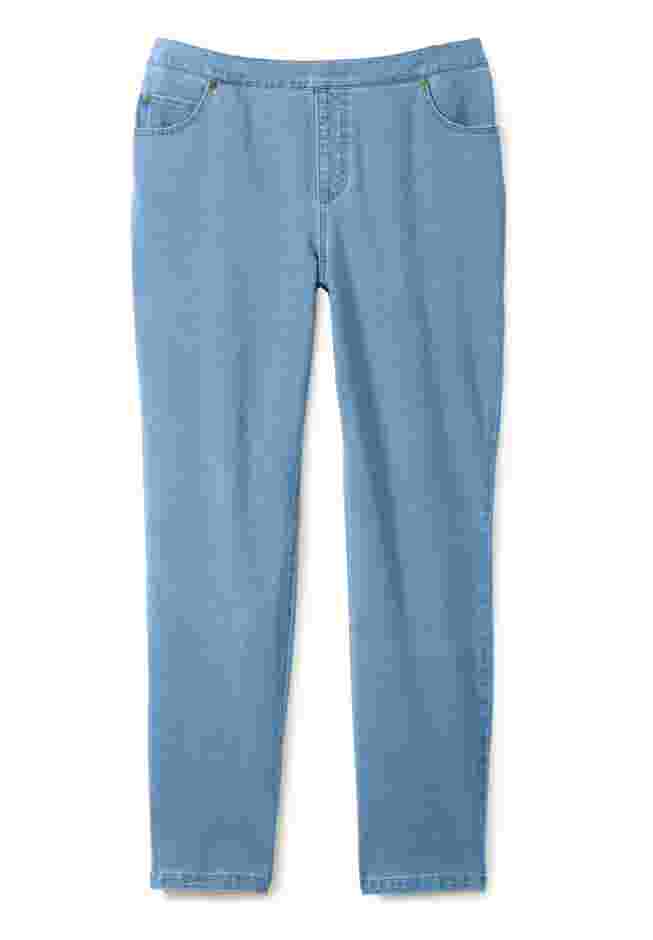 Womens Plus-Size Straight-Leg Stretch Knit Denim Five-Pocket Jeans image number 2