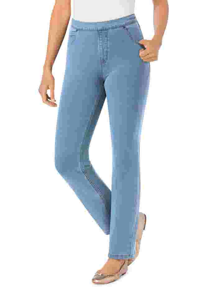 Womens Plus-Size Straight-Leg Stretch Knit Denim Five-Pocket Jeans image number 0