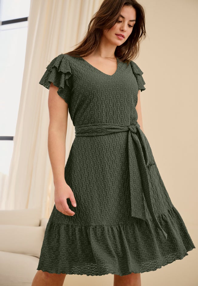 Stretch Knit Tie Waist Ruffle Lace Dress image number 1