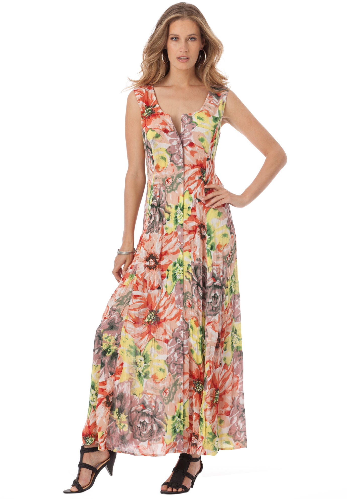 Plus Size Sleveless Hand-Crinkled Button-Front A-Line Maxi – Curvy Breezy Dress image number 2
