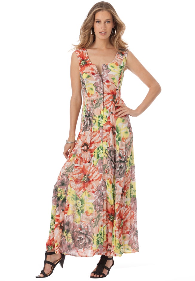 Plus Size Sleveless Hand-Crinkled Button-Front A-Line Maxi – Curvy Breezy Dress image number 2