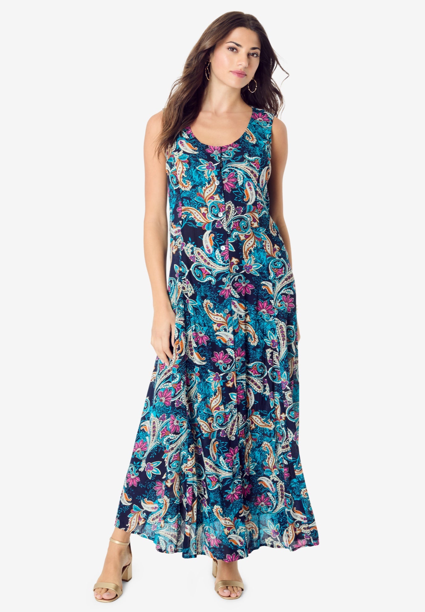 Plus Size Sleveless Hand-Crinkled Button-Front A-Line Maxi &ndash; Curvy Breezy Dress image number 0