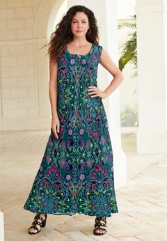 Plus Size Sleveless Hand-Crinkled Button-Front A-Line Maxi &ndash; Curvy Breezy Dress
